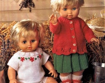 Doll Clothes Knitting Pattern, Doll height 12 to 22 Inch, Double Knitting Wool, Cardigan, Skirt, top Shoes, Instant Download