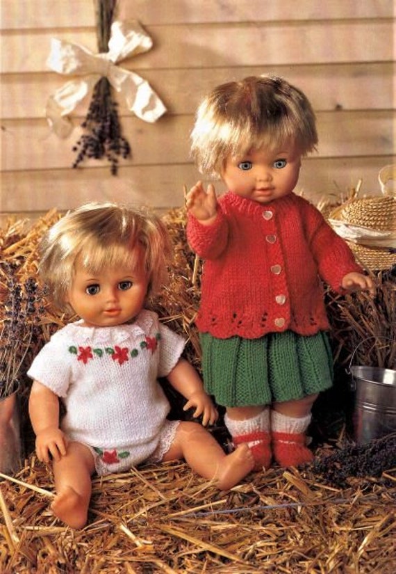 Doll Clothes Knitting Pattern, Doll height 12 to 22 Inch, Double Knitting Wool, Cardigan, Skirt, top Shoes, Instant Download