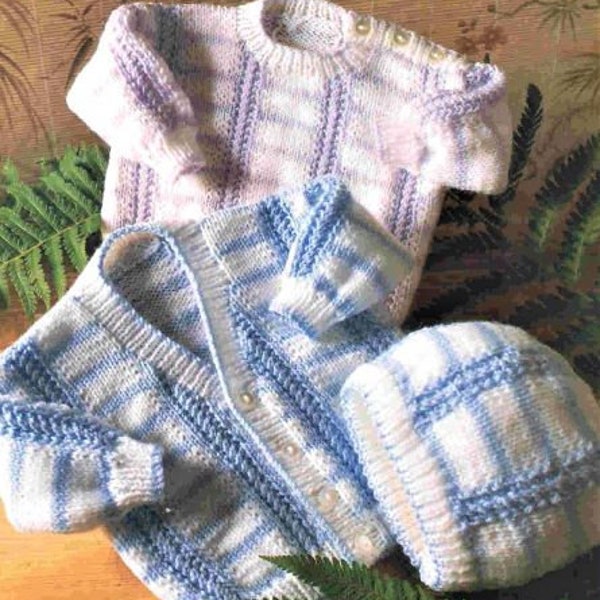 Baby Knitting Pattern, Cardigan Jumper and Hat, 16 to 22 inch chest, Double Knit Yarn or Wool,