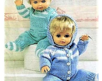 Doll Pramsuit Knitting Pattern, Download pdf file, Doll size 12 to 14, 15 to 18, 19 to 22 inch, Dungarees, Cardigan, Hat, Socks