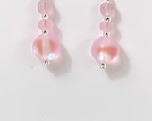 pink round recycled sea glass earrings. tumbled beach glass. Rectangle. Tumbled glass. Beach wear. Ocean lover. Eco friendly. Sustainable.
