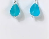 Aqua recycled sea glass earrings Beach glass. Beads are recycled tumbled beach glass. Funky. Eco friendly. Sustainable. Fun. Beachy.