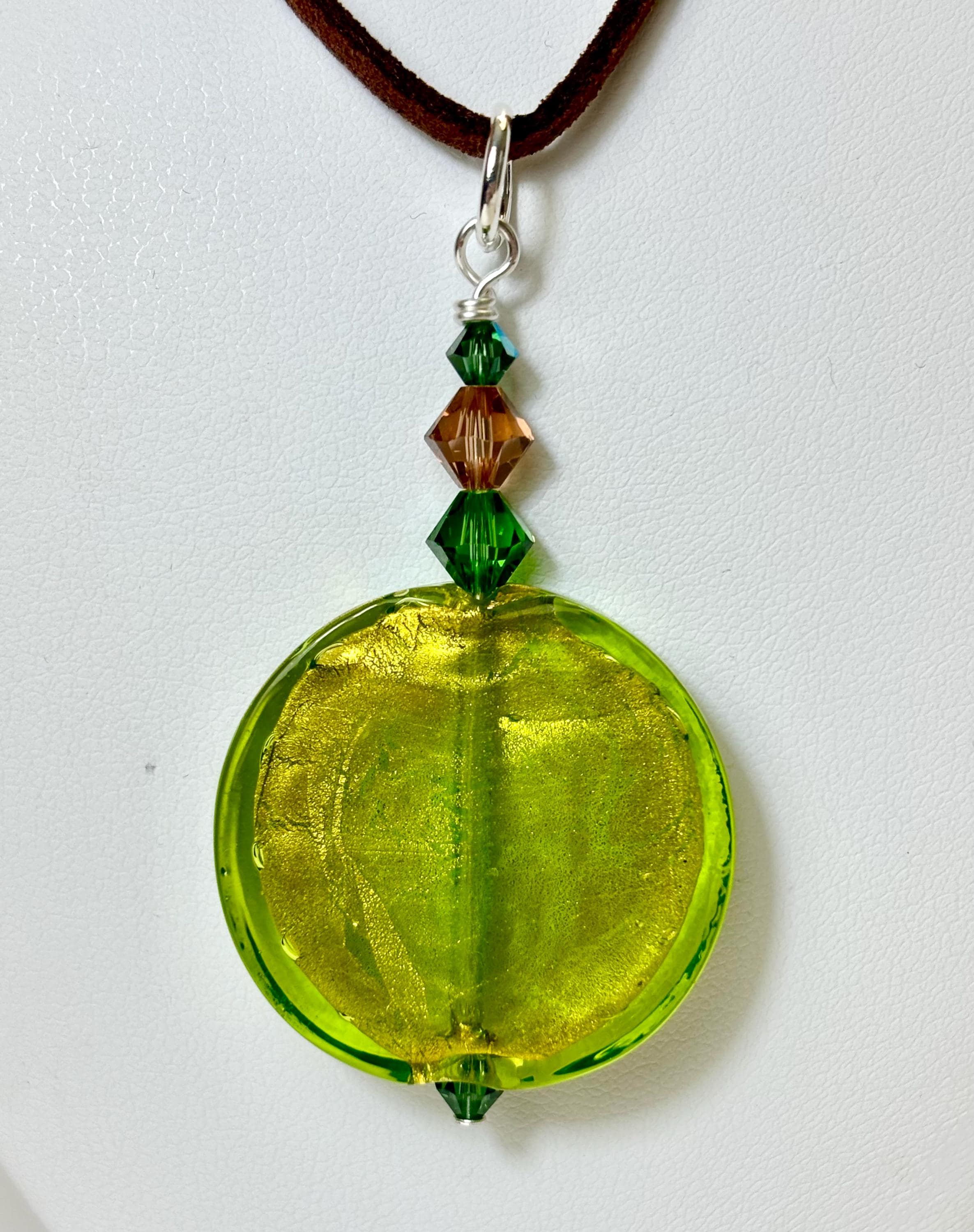 Peridot green Venetian Murano large coin glass pendant necklace, Swarovski accents. Brown leather cord. Trendy pendant. Bold fun neutrals