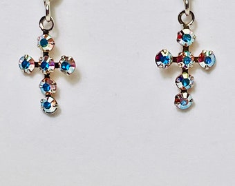 Clear iredescent rhinestone cross drop earrings Sparkly. First Communion earrings. Confirmation gift. Cross earrings. Gift of faith. Christi
