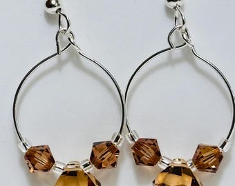 Smoky Topaz Swarovski Crystal Earrings, Sterling Silver Loop