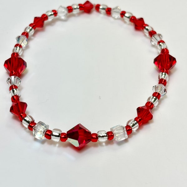 Red Swarovski Crystal stretch bracelet Siam red. Prom  jewelry. Special occasion. Fun dressy bracelet. Bold stretchy bracelet One size fits