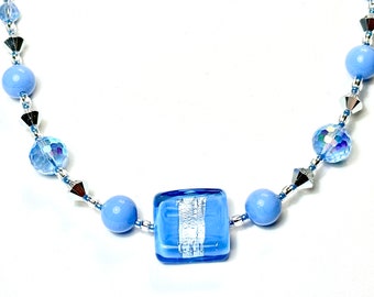 Sapphire Blue Venetian Glass Necklace, Murano Sterling Silver Stripe
