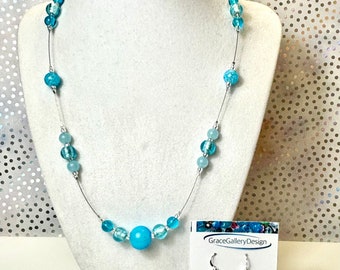 Aqua Murano Glass Necklace, Sterling Silver Clasp, Handmade