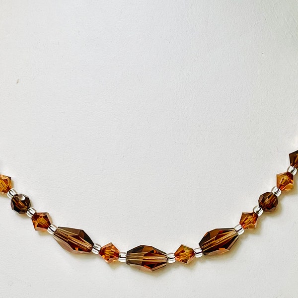 Genuine Swarovski Crystal necklace in brown tones. Elegant. Sparkly. Fall jewelry. Formal necklace. Bridal prom wedding. Cocoa, smoky topaz,