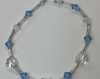 Swarovski Crystal Flower Bracelet, Aqua Sapphire & Clear Beaded, 7.25"