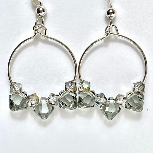 Gray Swarovski crystal faceted Bicone  drop earrings with sterling loop. Dressy earrings. Formal earrings. Christmas Wedding New Years Eve