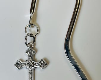 Rhinestone Cross Bookmark, Silver Pewter Religious Gift