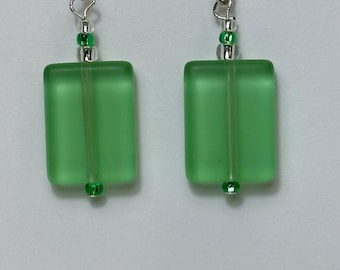 Recycled Green Sea Glass Earrings, Sterling Silver French Hooks