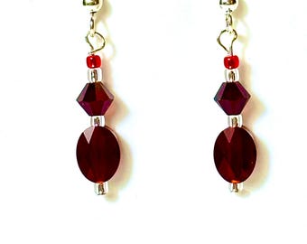 Swarovski crystal flat oval siam red drop earrings sterling silver french hooks & Swarovski crystal bicones
