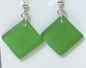 Green Sea Glass Earrings, Sterling French Hooks, Recycled Beach Glass