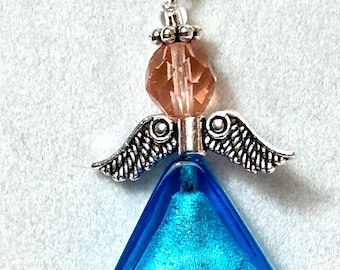 Aqua Murano Glass Angel Pendant, Sterling Silver Chain