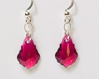 Swarovski Crystals baroque fuchsia yellow drop earrings on sterling silver french hooks