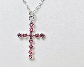 Genuine Swarovski crystal pink rhinestone cross pendant necklace on sterling silver chain. Pretty. Sparkly. Religious gift. Christian