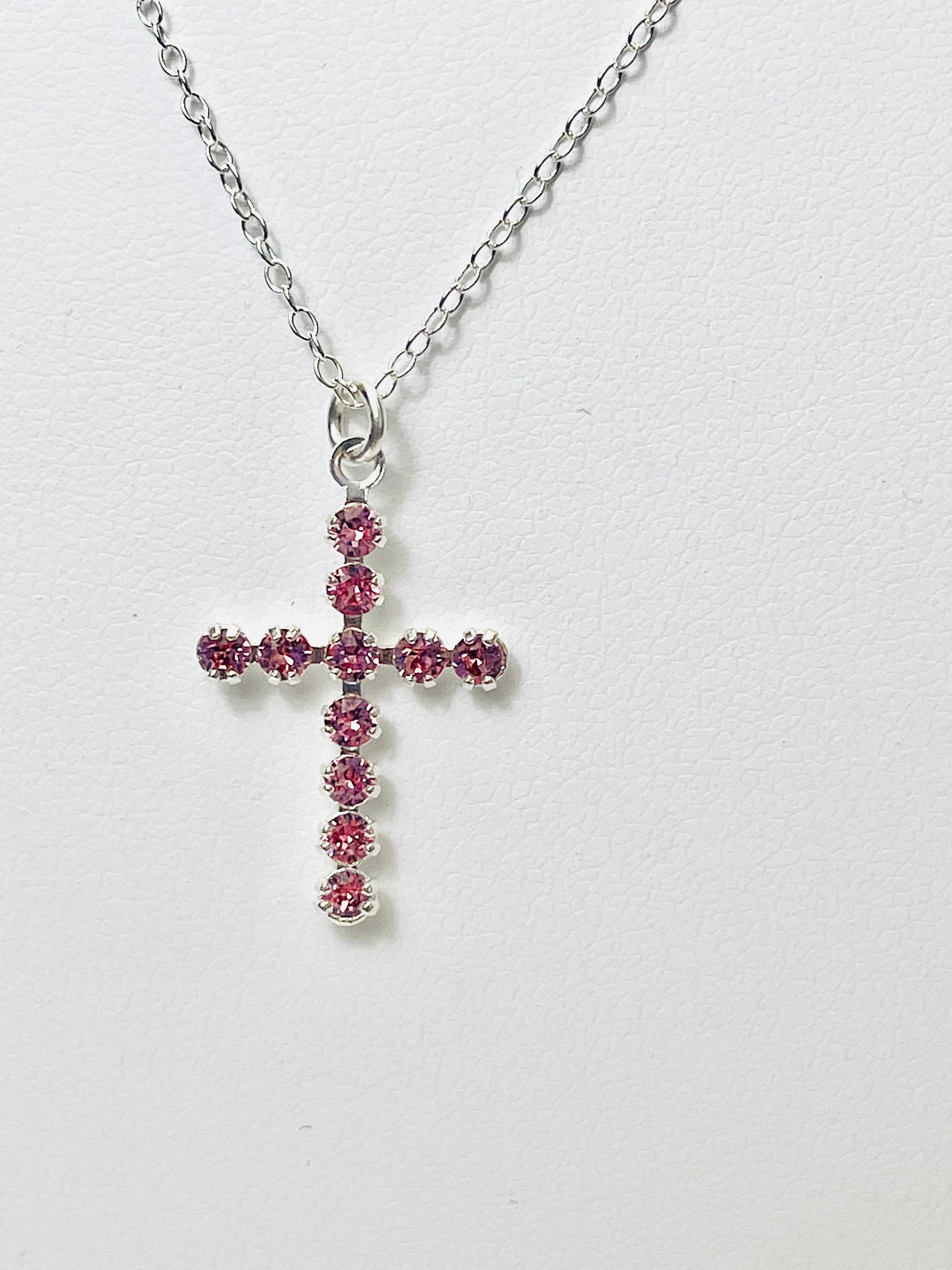 アクセサリー SWAROVSKI Pink Stone Cross necklace Silverplated Swarovski Pink Crystal Encrusted Cross Pendant