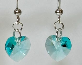 Turquoise Swarovski Crystal Heart Earrings, Sterling Silver
