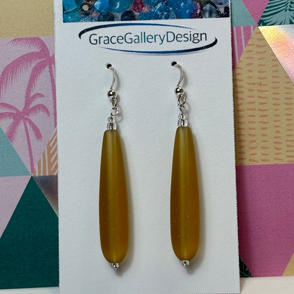 Amber long teardrop recycled sea glass earrings. tumbled beach glass.  Beach wear. Ocean lover. Eco friendly. Topaz. Elongated drop