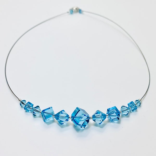 Genuine Swarovski Crystal Aqua diagonal cube necklace. Formal.  Bridesmaids. Prom jewelry. Sparkly. semi formal jewelry