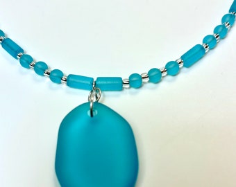 Aqua Sea Glass Pendant Necklace - Beaded Beach Glass Jewelry