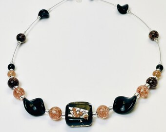 Black, sterling, copper & gold Venetian Glass necklace. Murano glass statement necklace. Bold floating illusion Chunky. Italy Tosca necklace