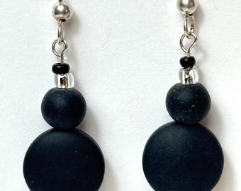 Black tumbled recycled sea glass coin shaped earrings. geometric earth friendly jewelry