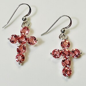 Rose pink rhinestone cross drop earrings Sparkly. First Communion earrings. Confirmation gift. Cross earrings. Gift of faith