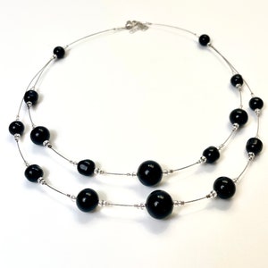 Black Swarovski and pearl double Necklace. Elegant floating pearls. Illusion necklace. Double Pearl necklace. Wedding pearls.