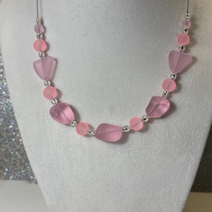 Pink recycled chunky Sea Glass illusion necklace. Eco friendly. Sustainable. Trendy. Ocean lover. Pink glass jewelry. Planet friendly