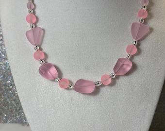 Pink recycled chunky Sea Glass illusion necklace. Eco friendly. Sustainable. Trendy. Ocean lover. Pink glass jewelry. Planet friendly
