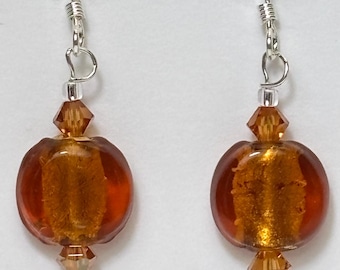 Murano Glass Coin Earrings, 24kt Gold, Sterling Silver Hooks