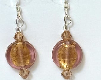 Murano Glass Coin Earrings, 24kt Gold, Sterling Silver Hooks