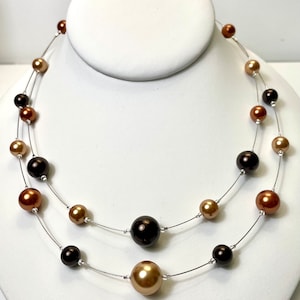 Swarovski pearl double Necklace copper and brown. Elegant floating pearls. Illusion necklace. Double Pearl necklace. Modern pearls. Earthy