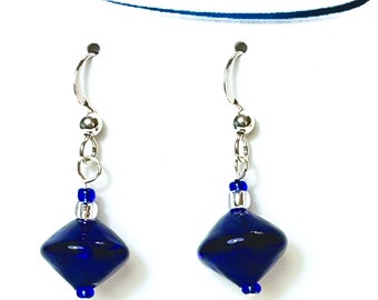Cobalt Blue Murano Glass Earrings, Sterling Silver French Hooks