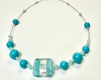 Venetian Glass Necklace, Murano Opaque Turquoise & Sterling