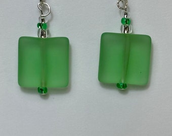 Recycled Sea Glass Earrings, Green Square Sterling French Hooks