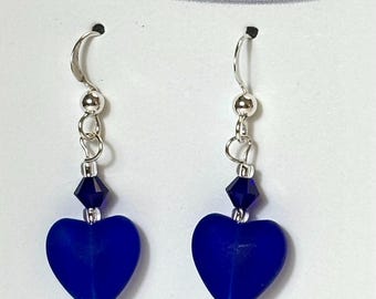 Cobalt blue heart shaped recycled sea glass earrings. Swarovski crystal accents. Recycled tumbled beach glass. Eco friendly. Love.