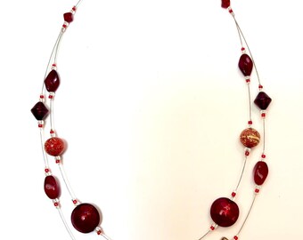 Red Venetian Glass Floating Necklace with 24kt Gold Sparkle – Sterling Silver Clasp