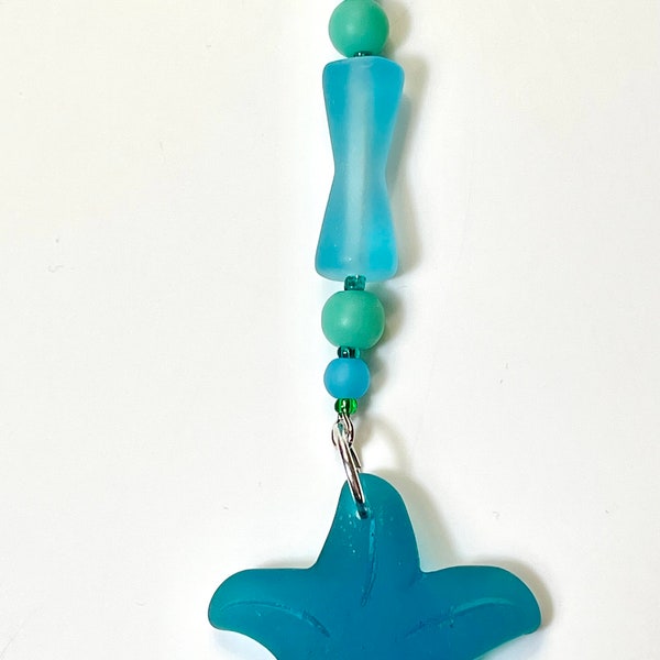 Teal Sea Star Glass ornament. Starfish suncatcher. tumbled recycled glass with sea glass accents. Ocean lover. Christmas decor ornament.