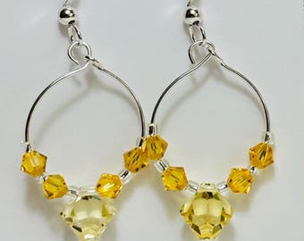 Sunshine Yellow Swarovski Crystal Earrings, Sterling Silver Loops