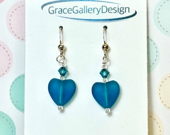 Teal Heart Sea Glass Earrings, Swarovski Crystals, Sterling Silver Hooks