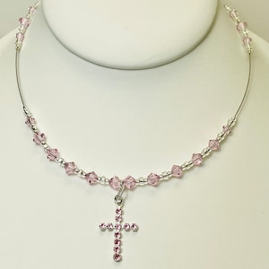 Light Pink Genuine Swarovski rhinestone cross “centerstage” necklace. Religious necklace. Crystal necklace. Gift of faith. Christian gift