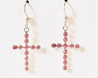 Swarovski crystal pink rhinestone cross drop earrings in pink on sterling silver French hooks. Formal. Pretty earrings. Sparkly.