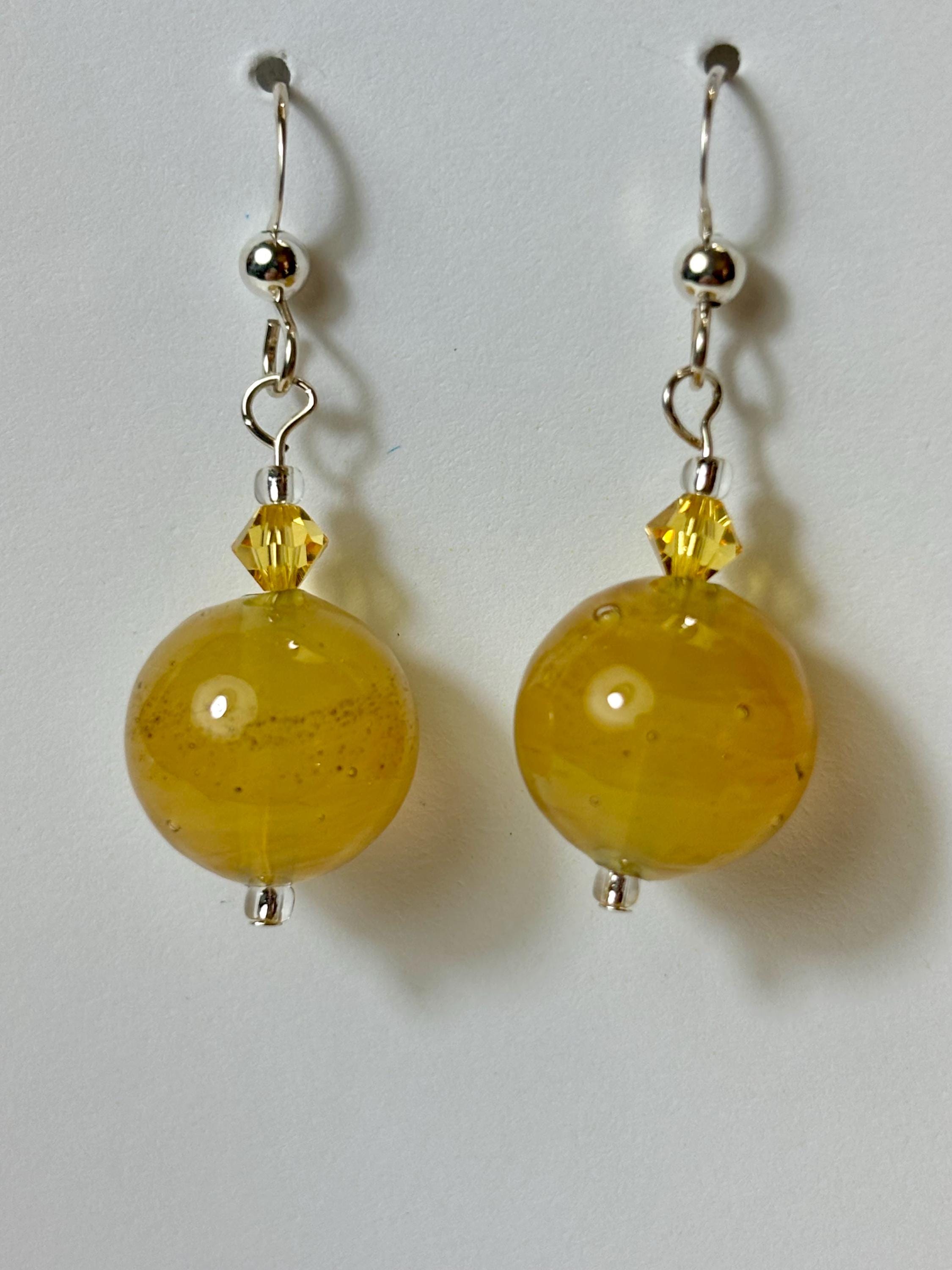 Autumn gold yellow Handmade Venetian Glass earrings with Swarovski crystal accents on sterling silver with sterling French hooks. Honey