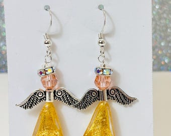 Gold Murano Glass Angel Earrings, Swarovski Crystal Accent