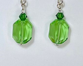 Swarovski clear peridot green drop earrings on sterling silver french hooks. Formal geometric green crystals. Irish green. Dressy jewelry