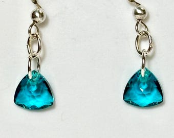 Teal Swarovski Crystal Triangle Drop Earrings, Formal Jewelry